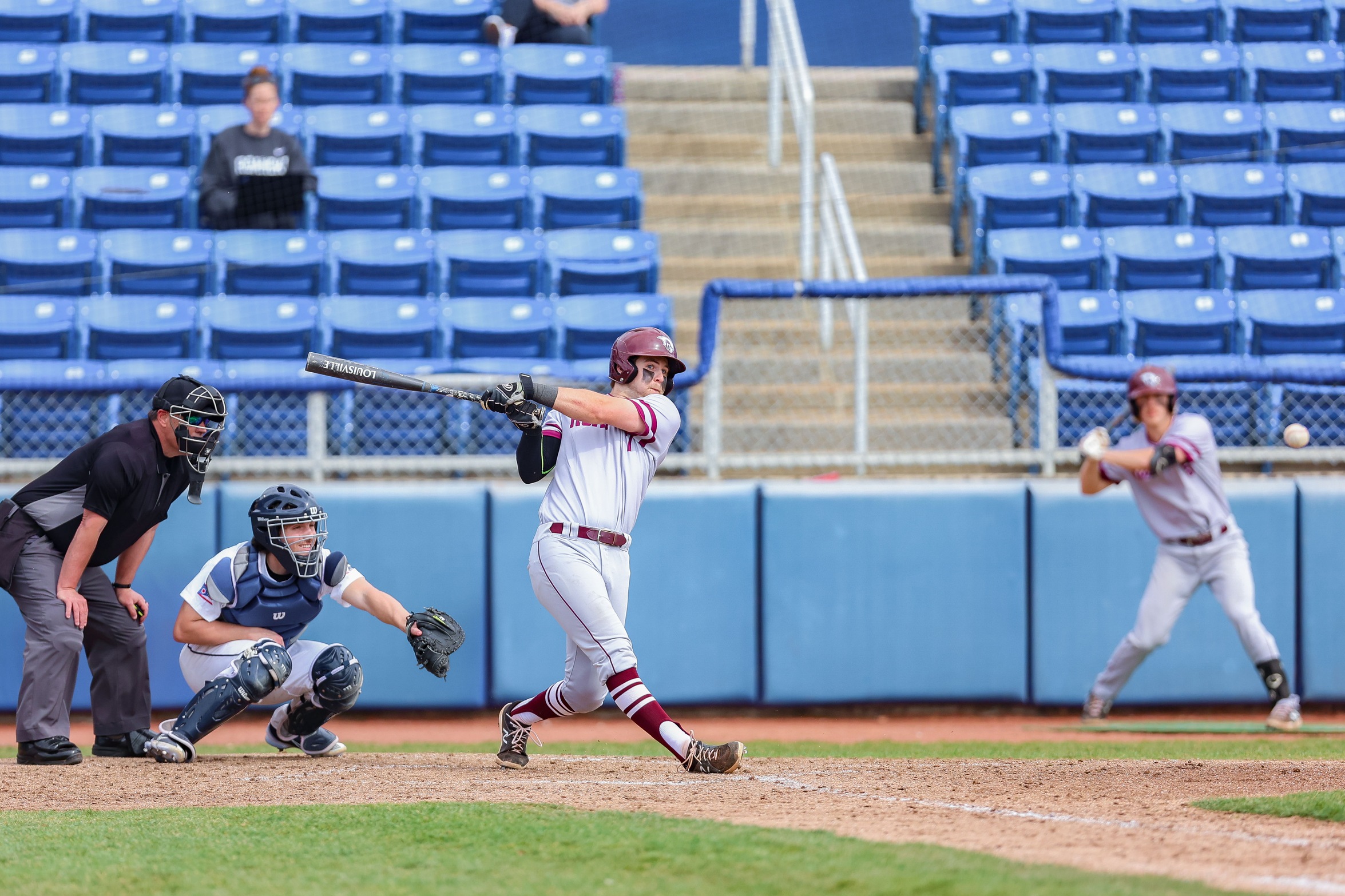 action photo of RC baseball player Mason Staz hitting from the left side